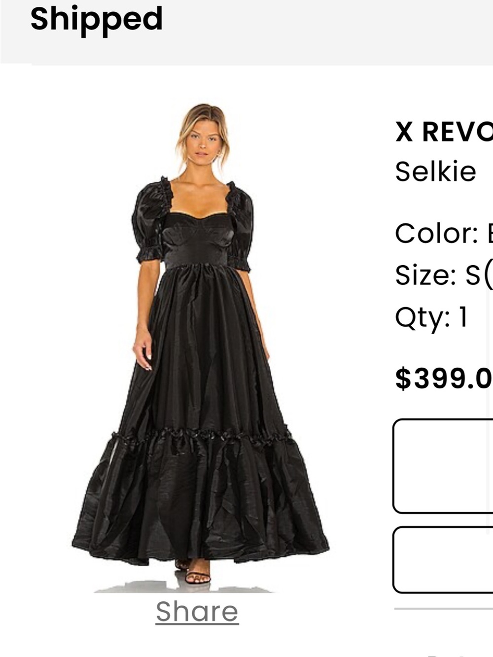 Selkie Black Puff Sleeve Ruffled Taffeta Gown